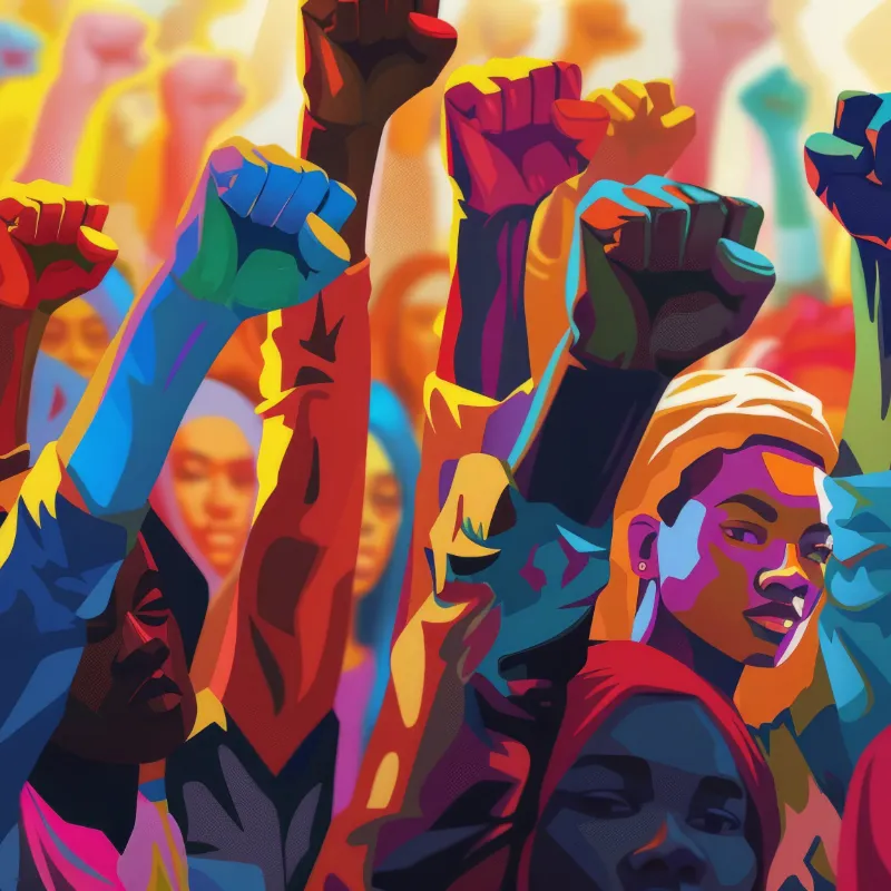 illustration of a diverse group of people with fists raised